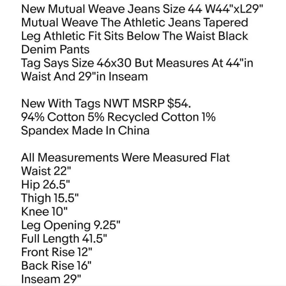 New Mutual Weave Jeans Size 44 W44